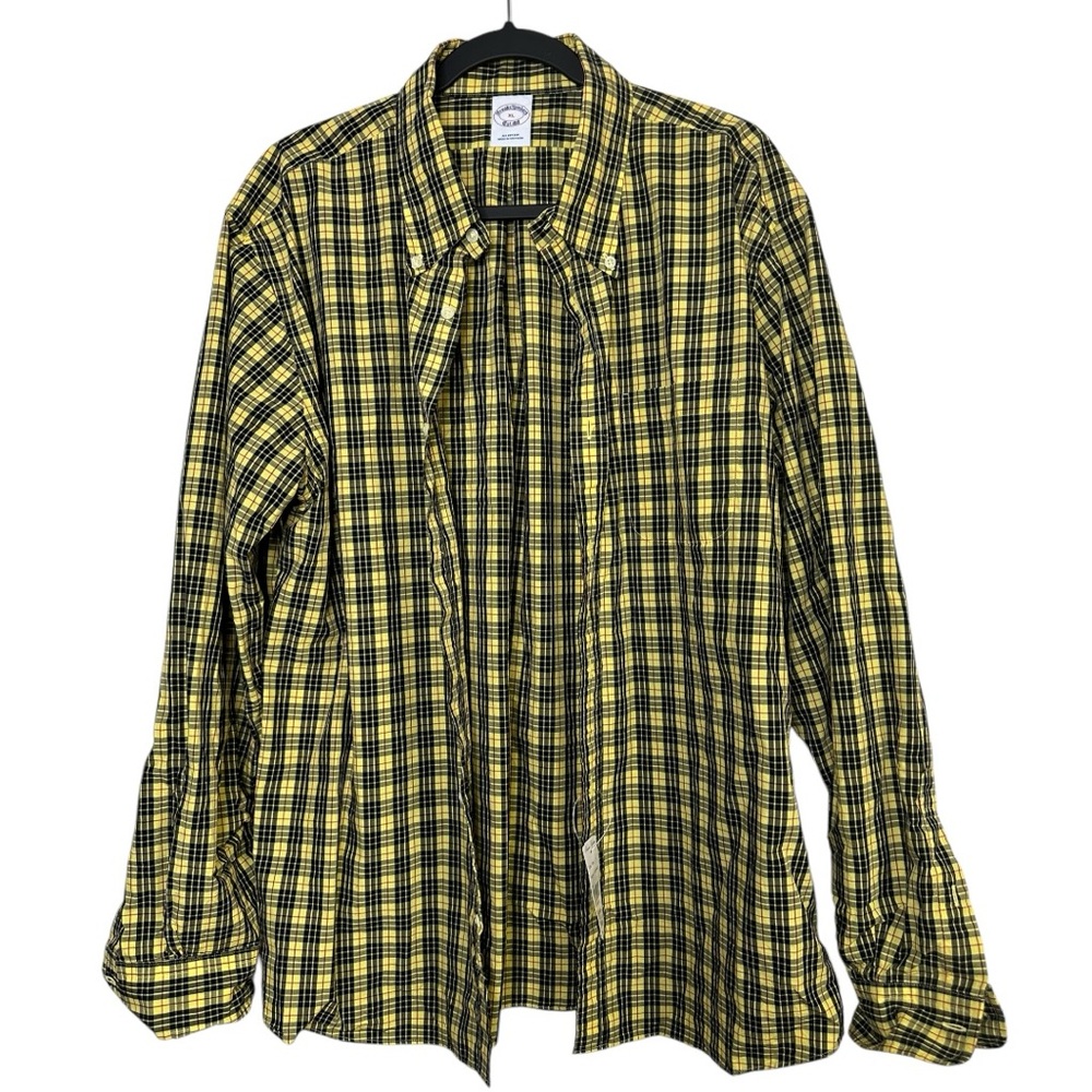 Brooks Brothers Yellow Black 100% Cotton Plaid Button Up Dress Shirt Size XL New